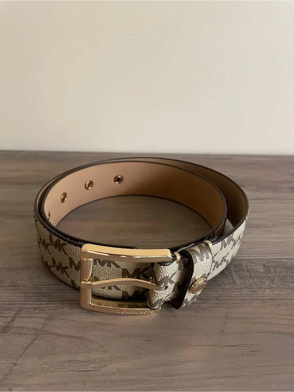 Michael Kors MK Logo Canvas Belt Womens Medium 556023 Gold Buckle Beige Brown